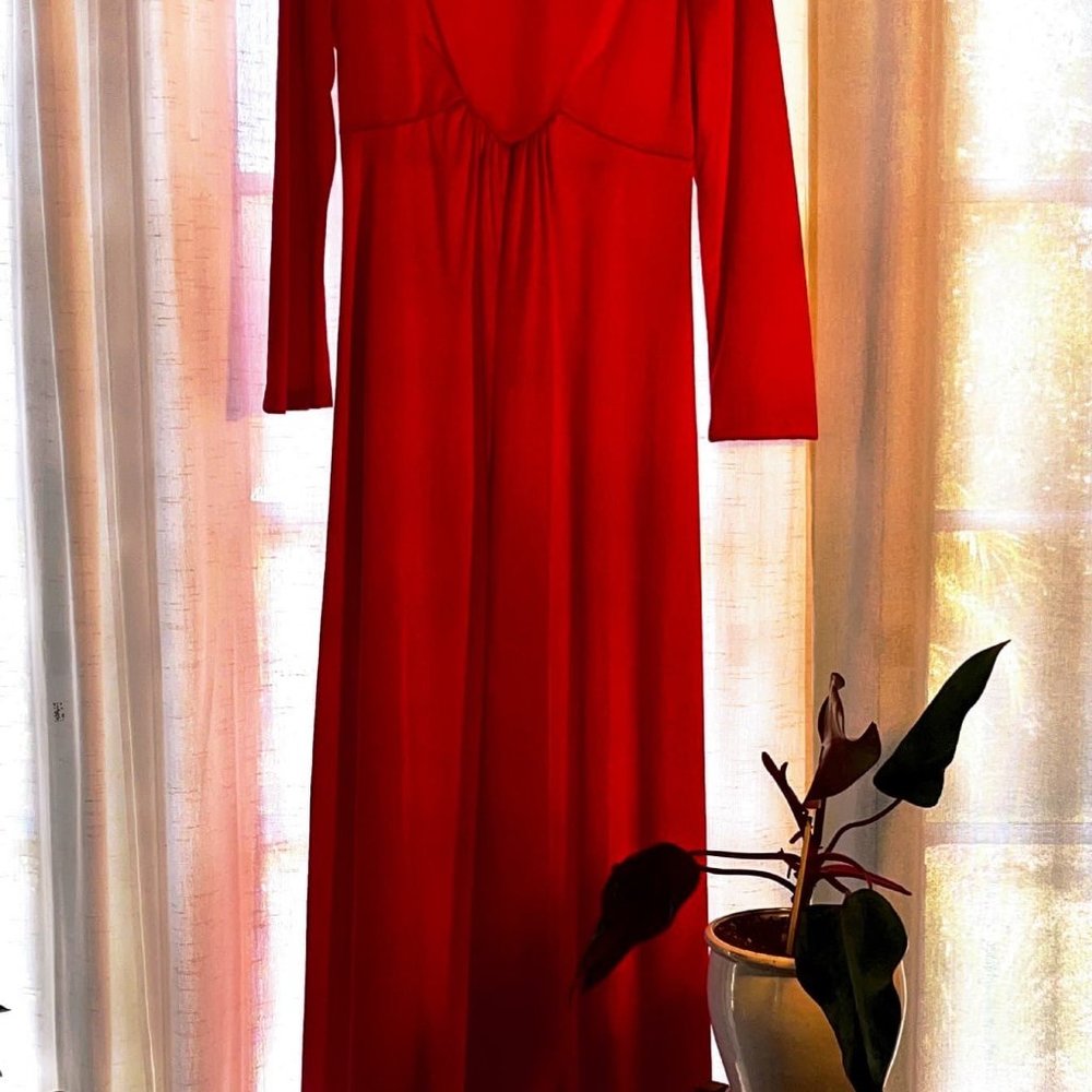 Vintage Late 60s/Early 70s Tomato Red High Neck Maxi Cocktail Dress - Picture 2 of 7